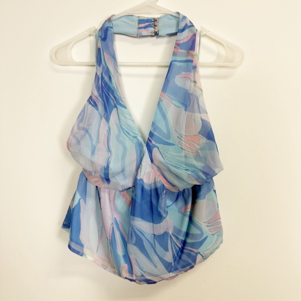 French Connection Top Womens 8 Blue Dalla Baja Halter NWT Sheer Flaw Smocked